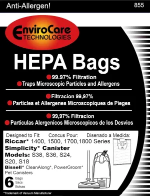 EnviroCare Replacement HEPA Filtration Vacuum Cleaner Dust Bags made to fit Riccar 1400, 1500, 1700, 1800 Series and Simplicity S38, S36, S24, S20 and S18 Canisters 6 pack