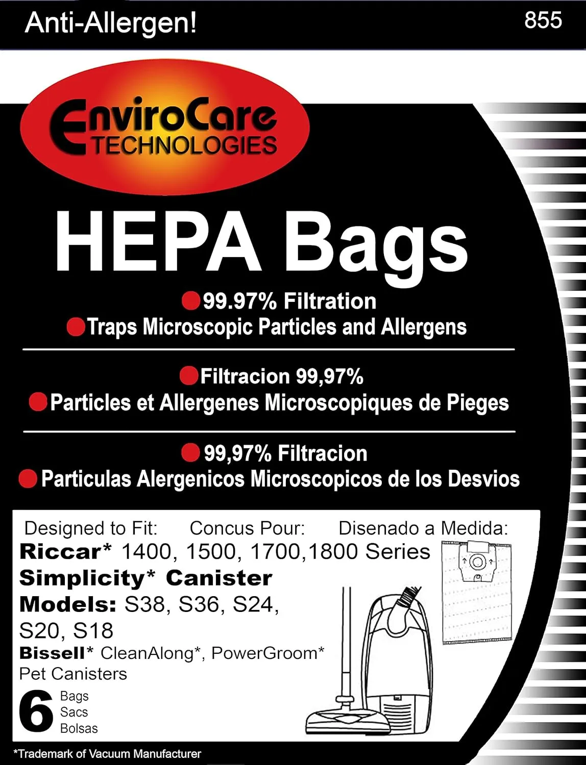 EnviroCare Replacement HEPA Filtration Vacuum Cleaner Dust Bags made to fit Riccar 1400, 1500, 1700, 1800 Series and Simplicity S38, S36, S24, S20 and S18 Canisters 6 pack