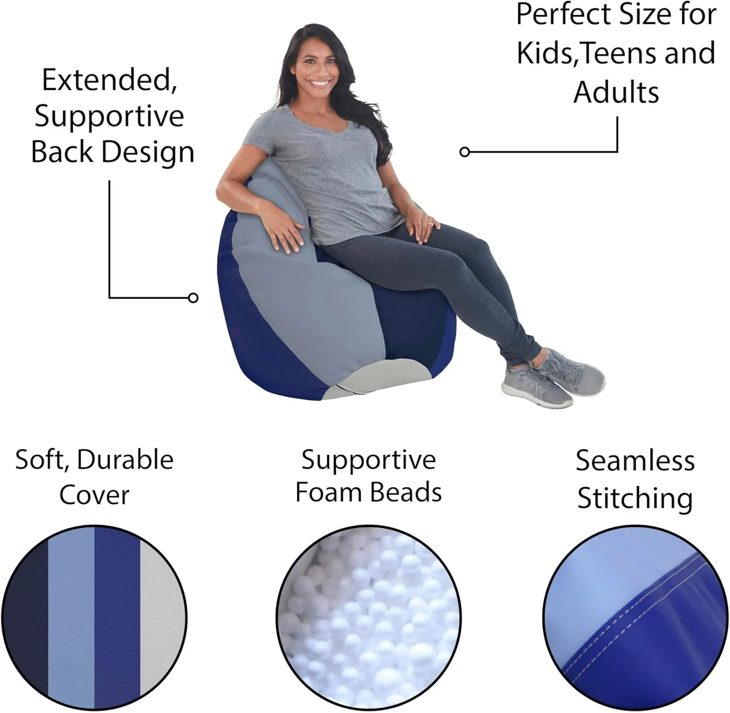 FDP SoftScape Dew Drop Bean Bag Chair with Supportive High-Back Design, For Kids, Teens and Adults, Alternative Seating for Dorms, Schools, Libraries, Daycares or Home- Navy/Powder Blue