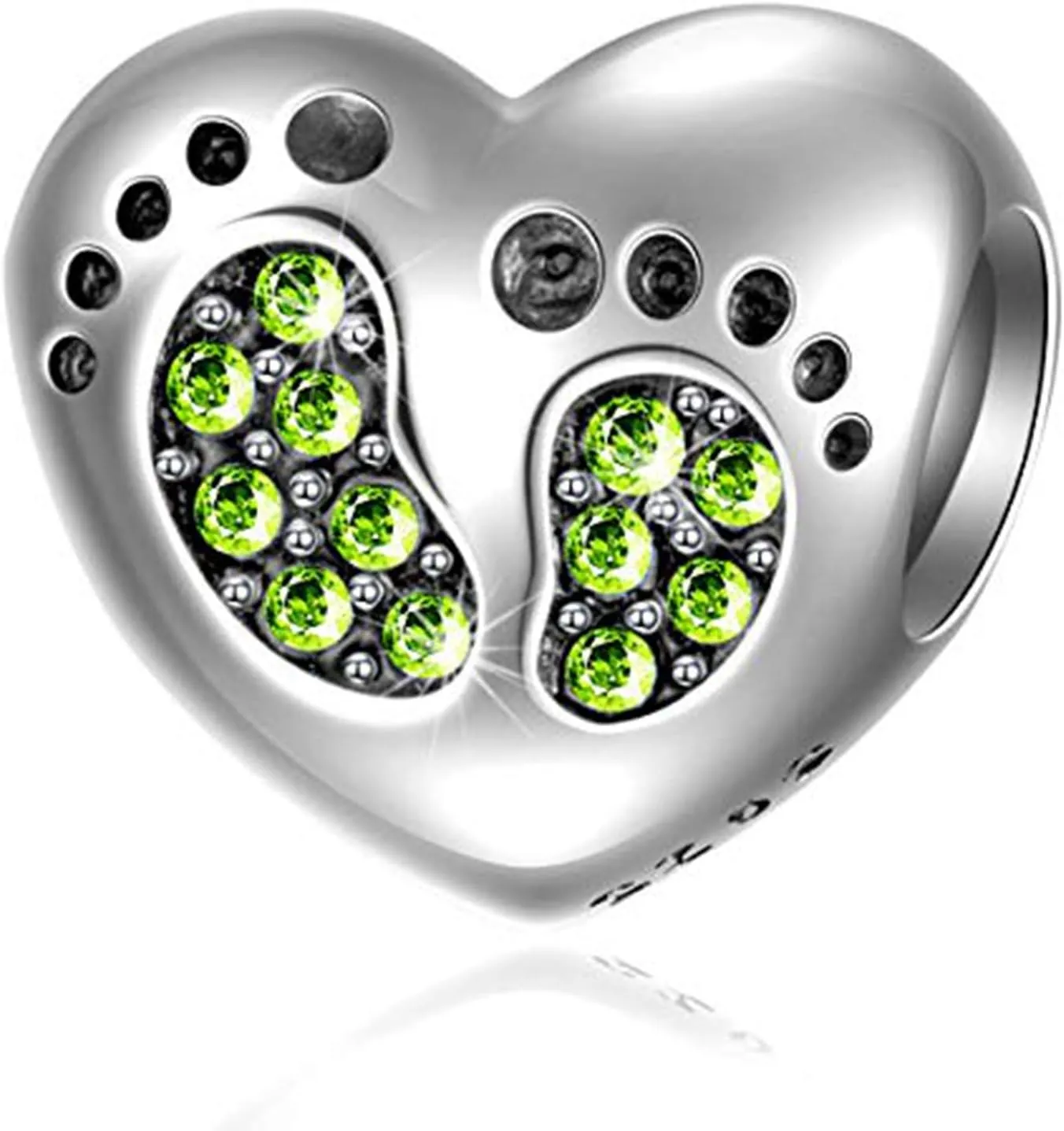 Footprint Heart Charm with August Birthstone for Pandora Mother Day Bracelets, 925 Sterling Silver Mom Love Peridot Green Beads, Gifts for Christmas