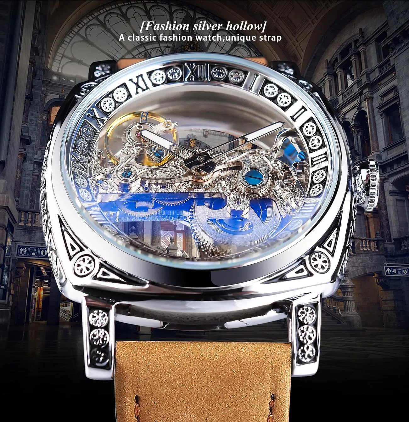 FORSINING Men's Luxury Square Carving Mechanical Watch, Retro Totem Double Sided Hollow Skeleton Self-Wind Automatic Watches, Vintage Leather Strap Wristwatch Reloj para Hombre