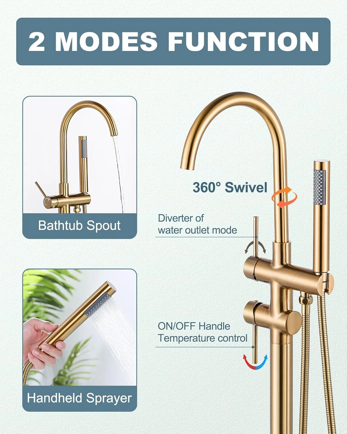 Freestanding Bathtub Faucet Brushed Gold, Floor Mount Tub Filler, High Flow Brass Shower Faucets with Handheld Sprayer for Bathroom
