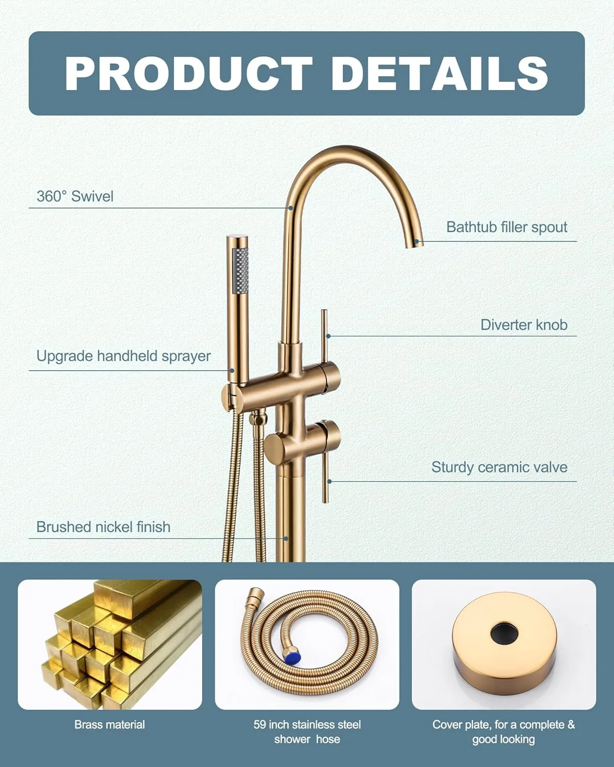 Freestanding Bathtub Faucet Brushed Gold, Floor Mount Tub Filler, High Flow Brass Shower Faucets with Handheld Sprayer for Bathroom