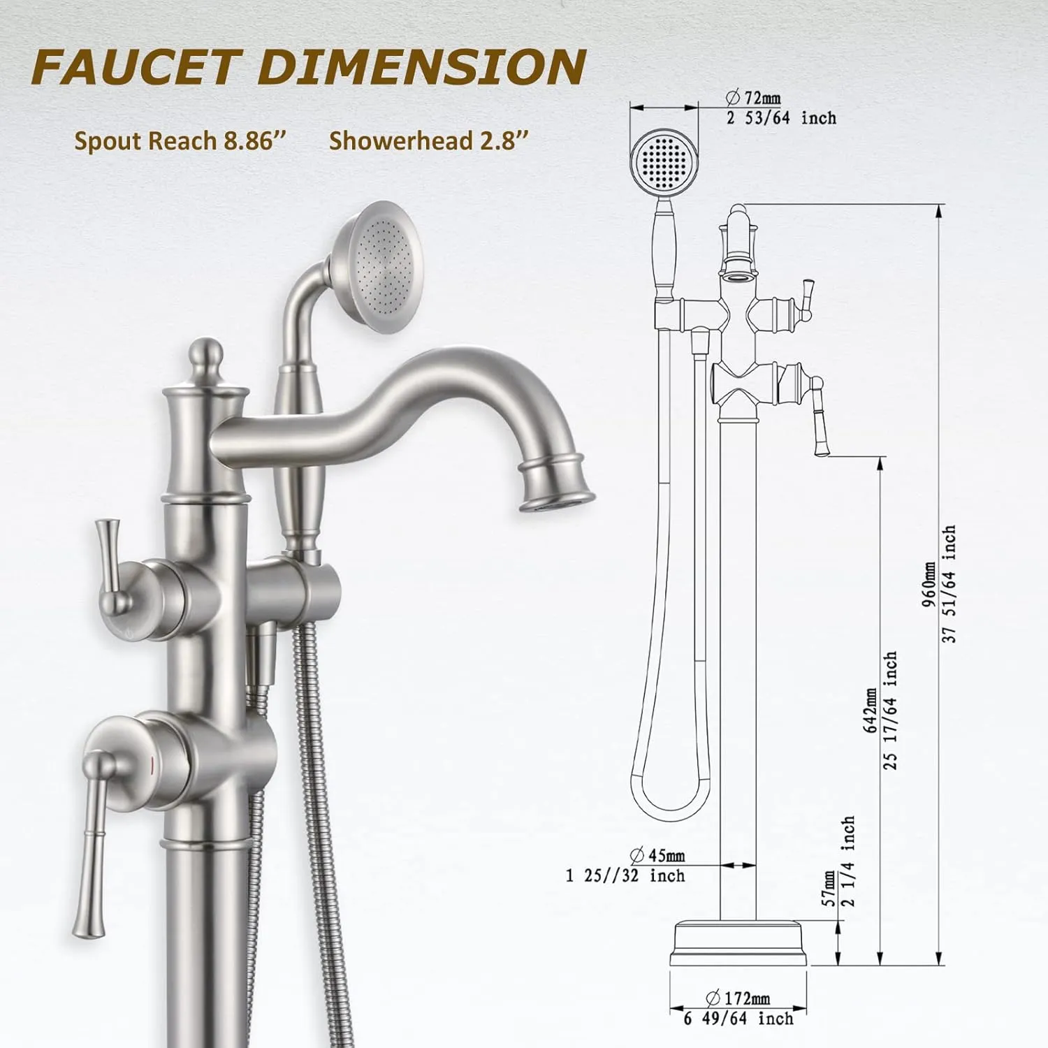 Freestanding Floor Mount Tub Filler with Handheld Shower Roman Bathtub Faucet by Brushed Nickel Finish, Swivel Spout with Brass Rough-in and Water Hose
