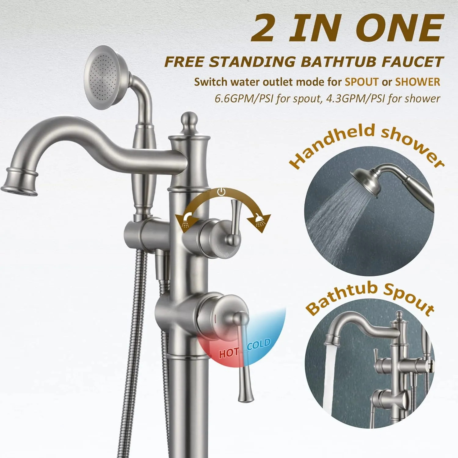 Freestanding Floor Mount Tub Filler with Handheld Shower Roman Bathtub Faucet by Brushed Nickel Finish, Swivel Spout with Brass Rough-in and Water Hose