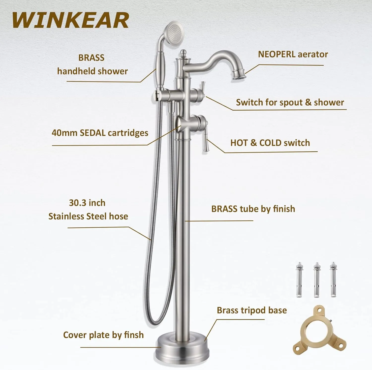 Freestanding Floor Mount Tub Filler with Handheld Shower Roman Bathtub Faucet by Brushed Nickel Finish, Swivel Spout with Brass Rough-in and Water Hose