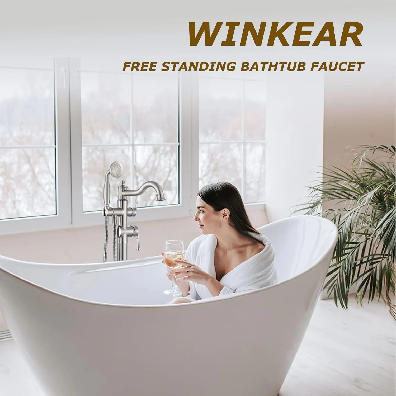 Freestanding Floor Mount Tub Filler with Handheld Shower Roman Bathtub Faucet by Brushed Nickel Finish, Swivel Spout with Brass Rough-in and Water Hose