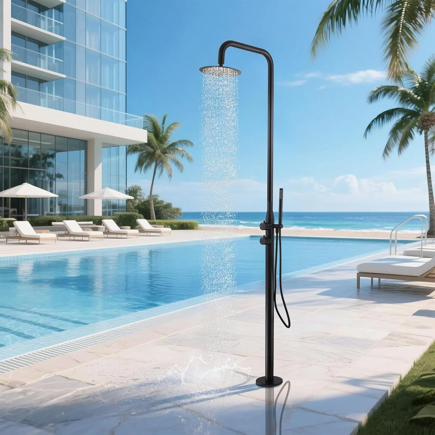 Freestanding Outdoor Shower, 316 Marine Grade Stainless Steel Outside Shower Kits for Backyard Garden Poolside Beach, Outdoor Shower Fixtures with 10” Rain Shower Head and Handheld, Matte Black