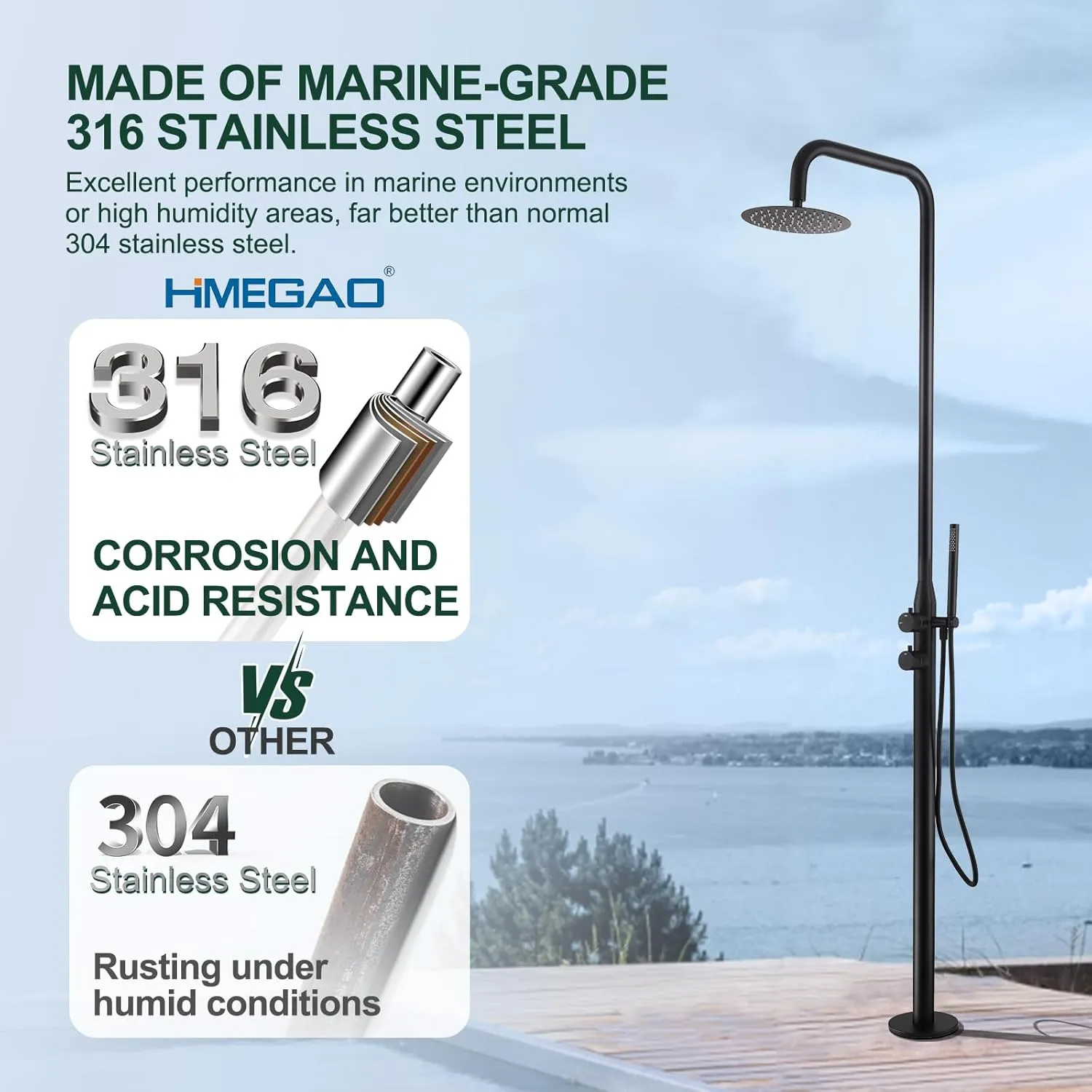 Freestanding Outdoor Shower, 316 Marine Grade Stainless Steel Outside Shower Kits for Backyard Garden Poolside Beach, Outdoor Shower Fixtures with 10” Rain Shower Head and Handheld, Matte Black