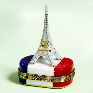 French Authentic Limoges Hand Painted Porcelain Eiffel Tower on French Flag Box