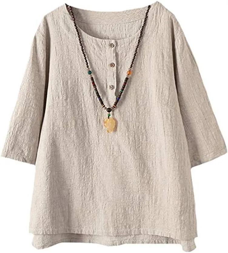 FTCayanz Women's Linen Tops Shirts Summer Casual Jacquard Tunic Blouse