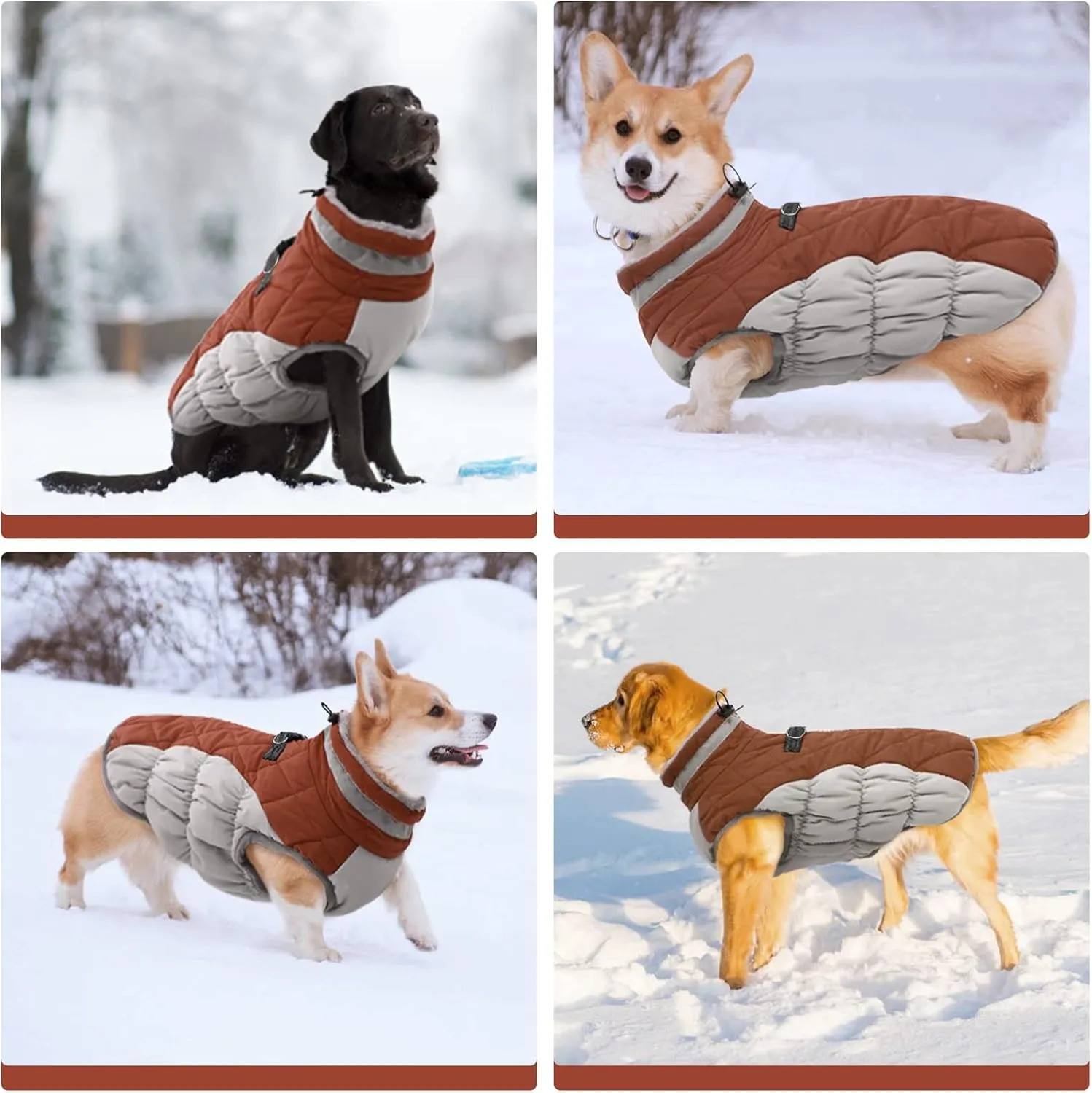 FUAMEY Warm Dog Jacket, Winter Coat with Padded Fleece, Reflective Vest, Built-in Harness, Waterproof Windproof Snow Jacket, Brown XXX-Large