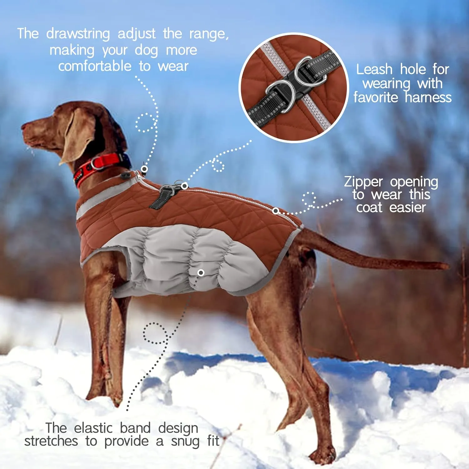 FUAMEY Warm Dog Jacket, Winter Coat with Padded Fleece, Reflective Vest, Built-in Harness, Waterproof Windproof Snow Jacket, Brown XXX-Large