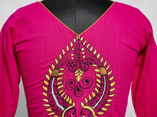 Fuchsia Pink Alpona Fish Motif Handpainted Cotton Blouse