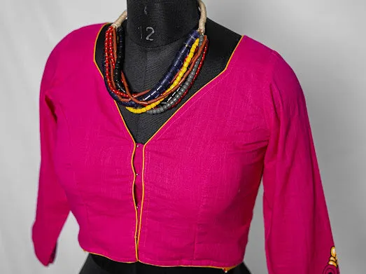 Fuchsia Pink Alpona Fish Motif Handpainted Cotton Blouse