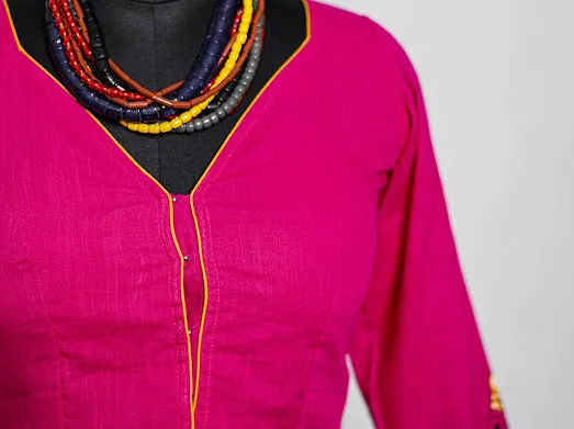Fuchsia Pink Alpona Fish Motif Handpainted Cotton Blouse