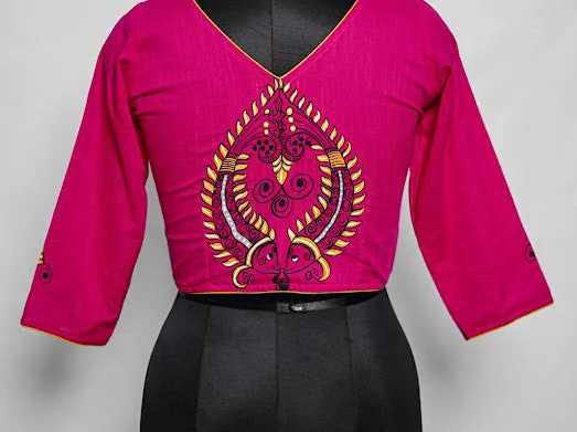 Fuchsia Pink Alpona Fish Motif Handpainted Cotton Blouse