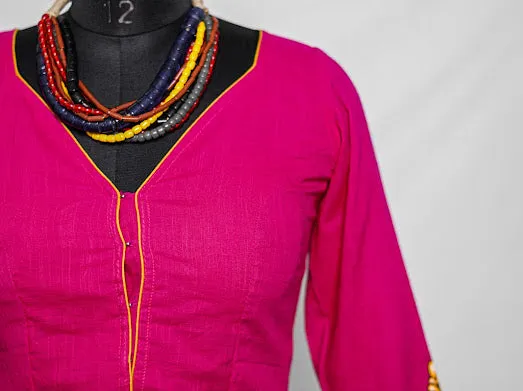 Fuchsia Pink Alpona Fish Motif Handpainted Cotton Blouse