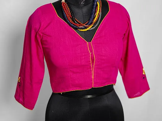 Fuchsia Pink Alpona Fish Motif Handpainted Cotton Blouse