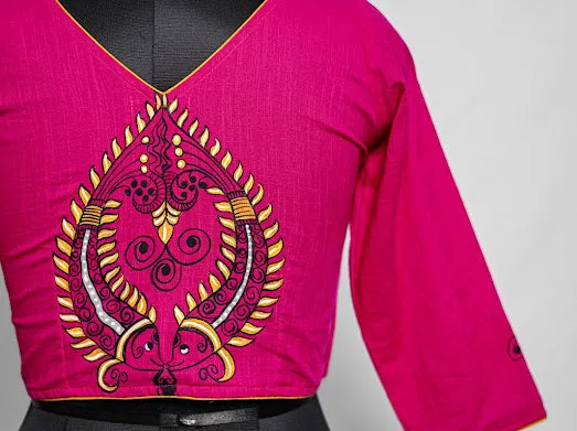 Fuchsia Pink Alpona Fish Motif Handpainted Cotton Blouse
