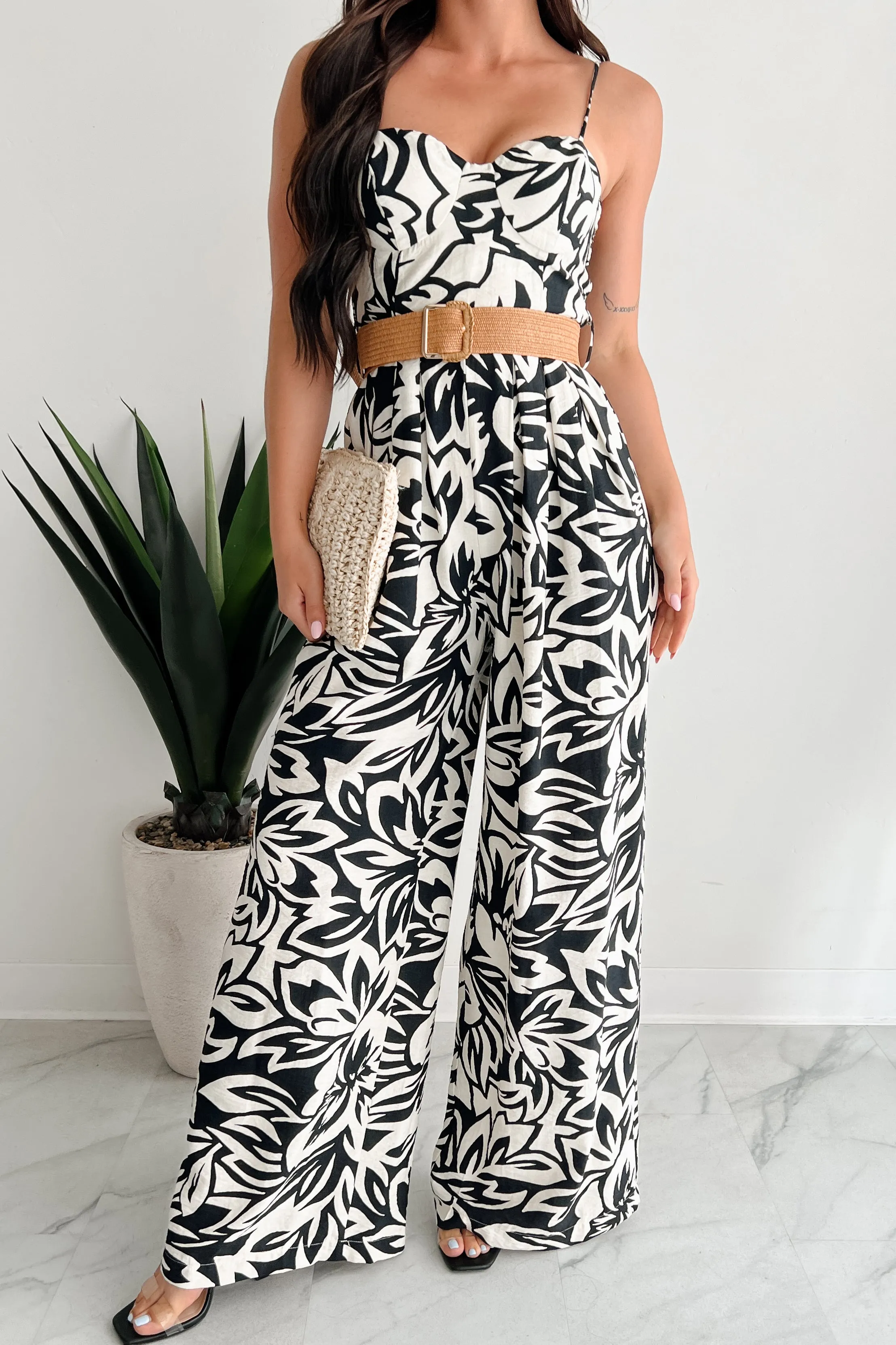 Garden Glimmer Belted Wide Leg Jumpsuit (Black/Ivory)