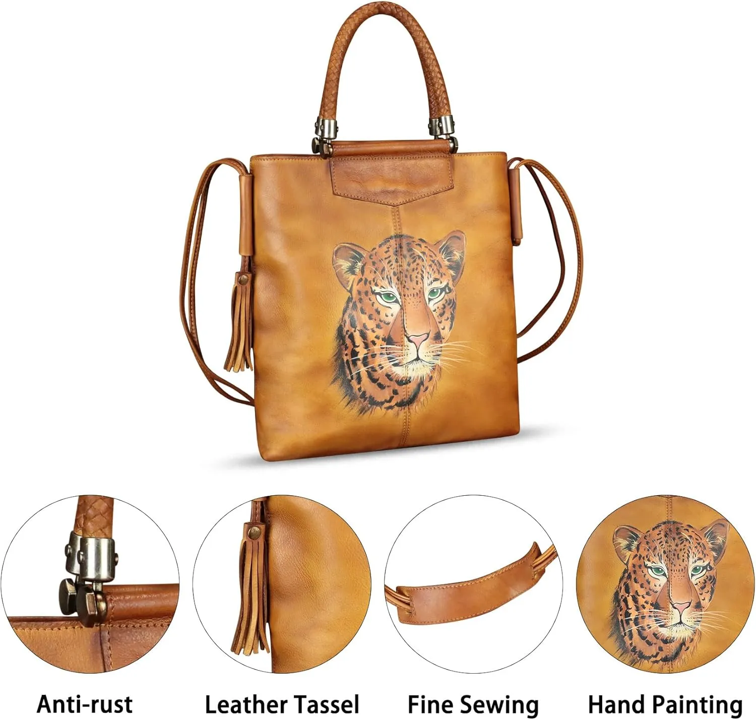 Genuine Leather Handbag for Women Hand Painted Leather Top Handle Bag Handmade Crossbody Purse Work Tote Bag