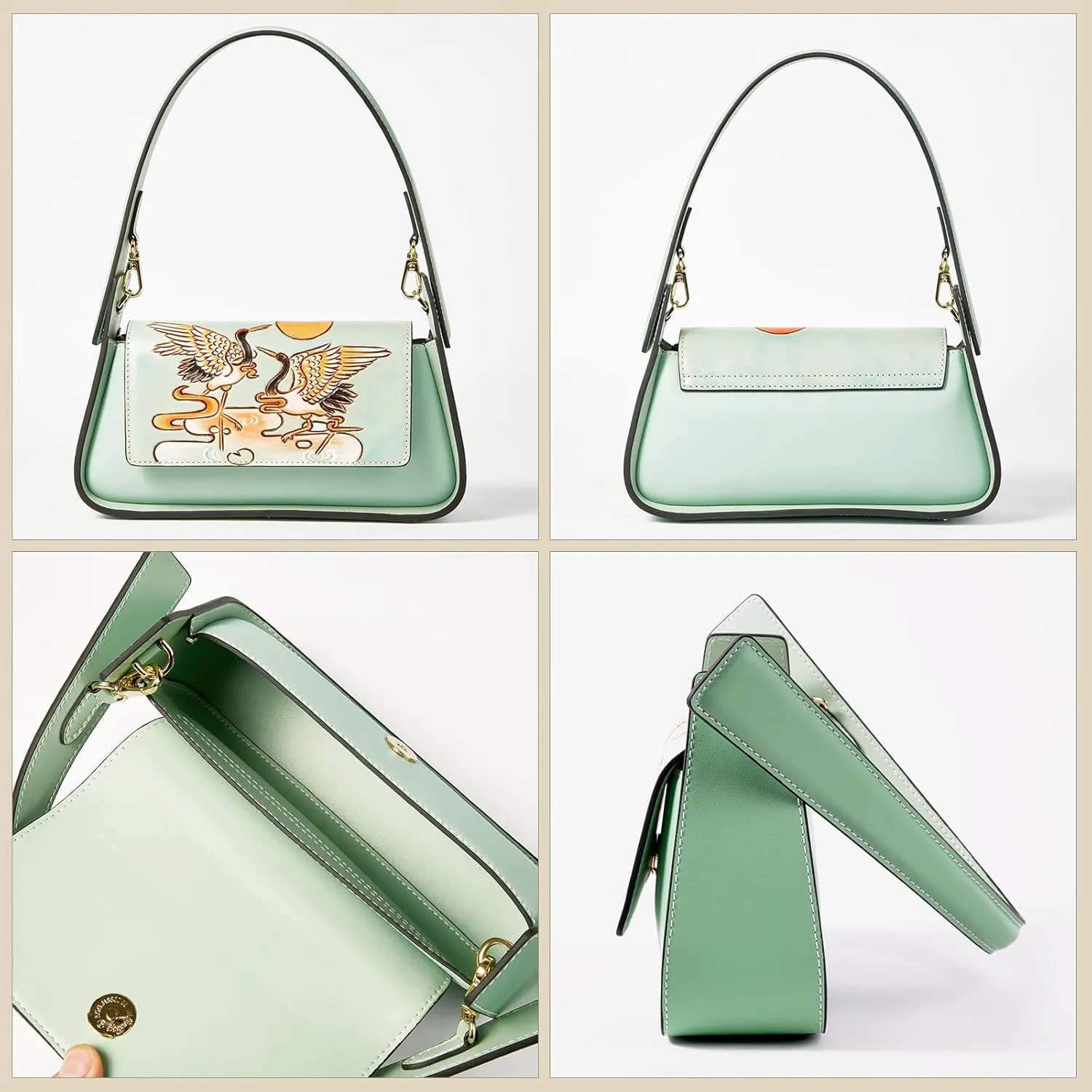 Genuine Leather Shoulder Bag for Women Hand Carved Painted Leather Clutch Saddle Bag Cute Hob
