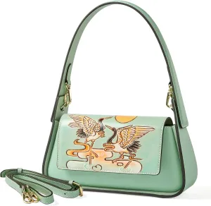Genuine Leather Shoulder Bag for Women Hand Carved Painted Leather Clutch Saddle Bag Cute Hob