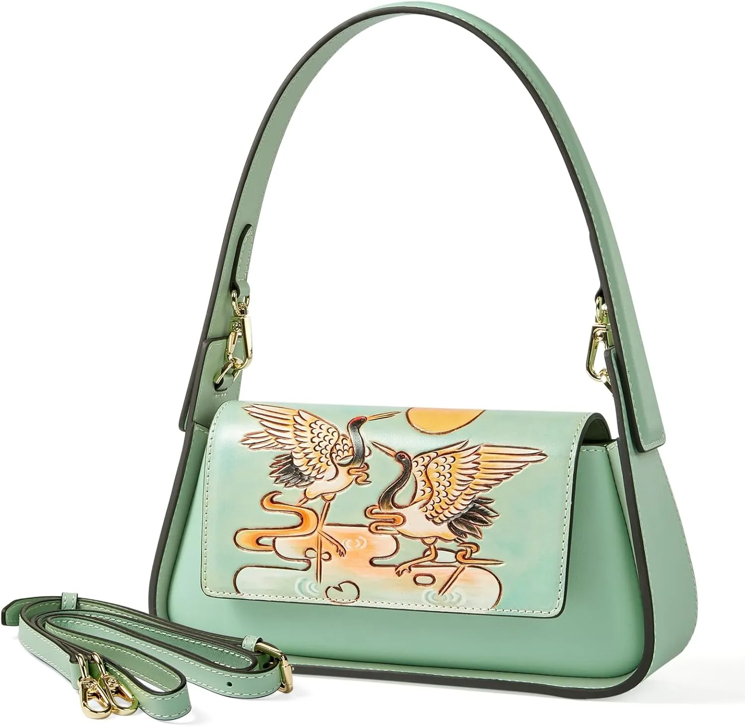 Genuine Leather Shoulder Bag for Women Hand Carved Painted Leather Clutch Saddle Bag Cute Hob