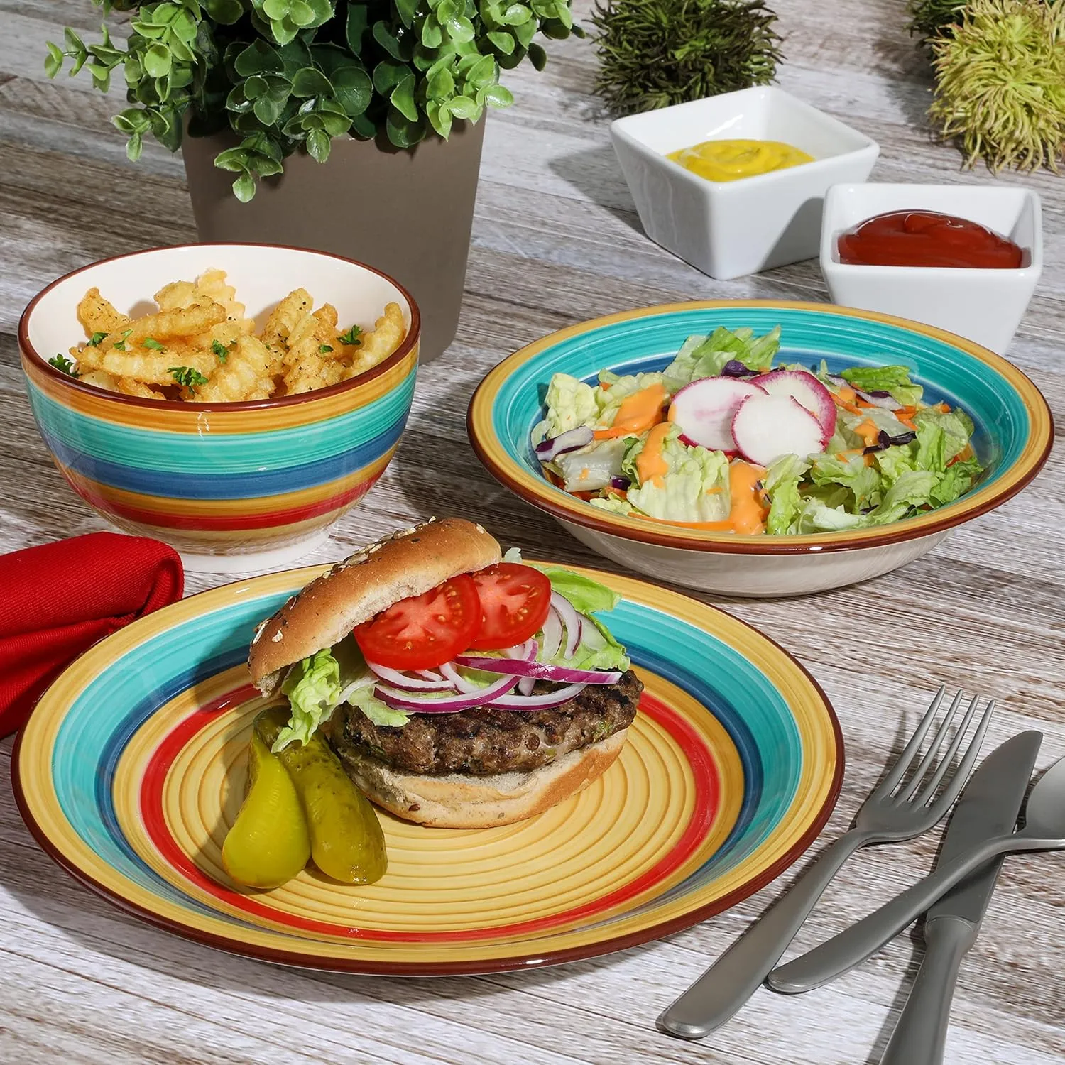 Gibson Home Rainbow Hand-Painted Stoneware Dinnerware Set - Yellow, Service for 4 (12pcs)
