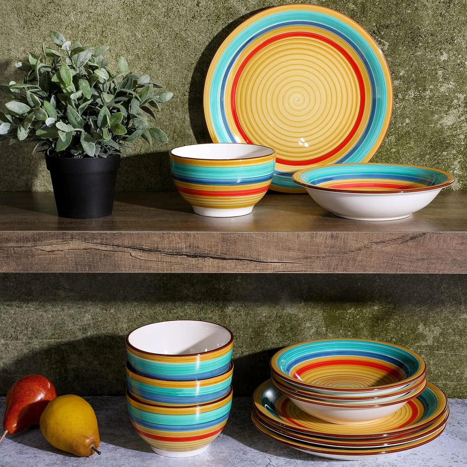 Gibson Home Rainbow Hand-Painted Stoneware Dinnerware Set - Yellow, Service for 4 (12pcs)