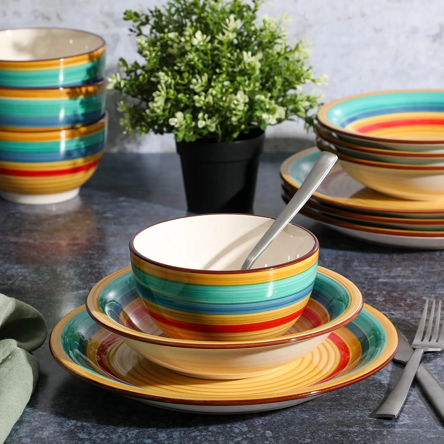Gibson Home Rainbow Hand-Painted Stoneware Dinnerware Set - Yellow, Service for 4 (12pcs)
