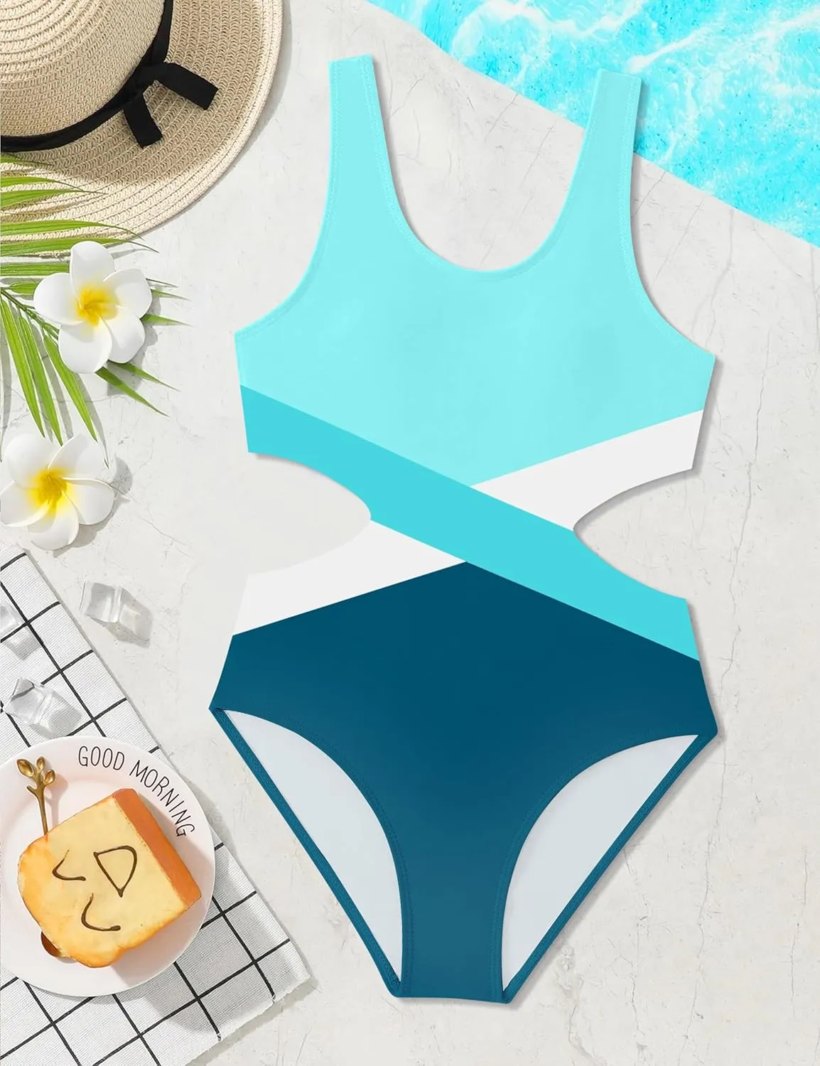 Girls Swimsuit One Piece Cutout Bathing Suit for Girls Cute Swimwear Color Block Beach Padded 7-16y