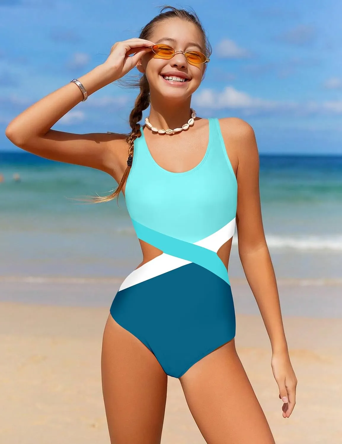 Girls Swimsuit One Piece Cutout Bathing Suit for Girls Cute Swimwear Color Block Beach Padded 7-16y