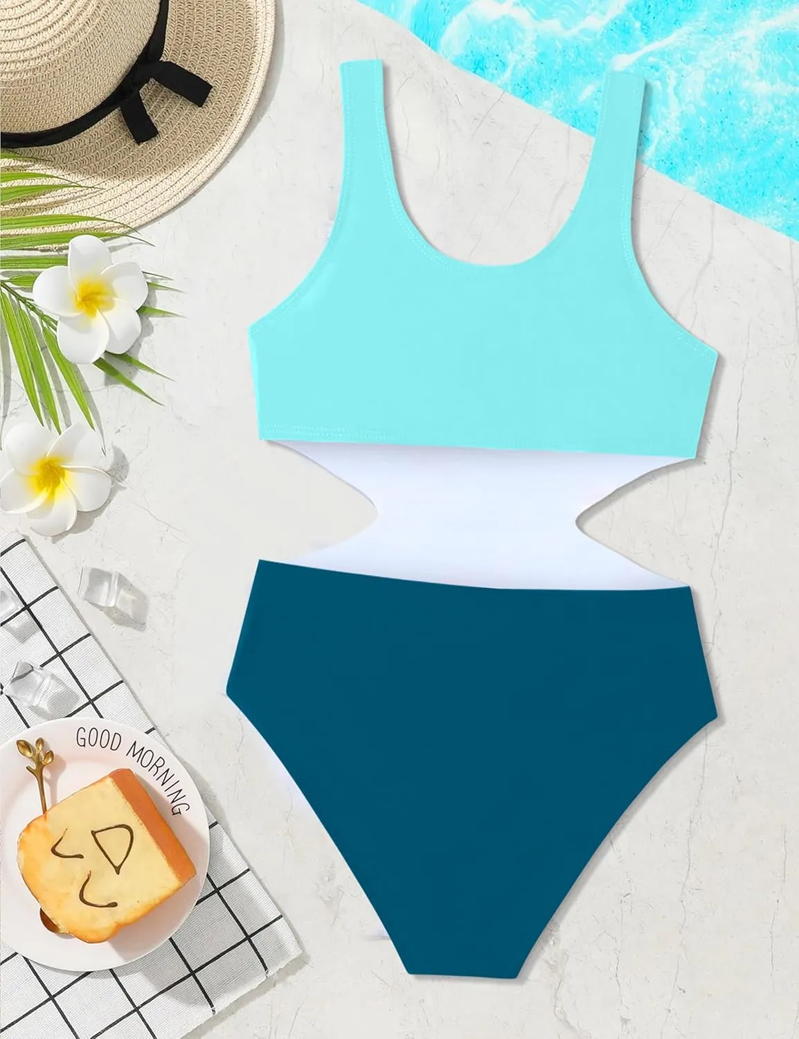 Girls Swimsuit One Piece Cutout Bathing Suit for Girls Cute Swimwear Color Block Beach Padded 7-16y