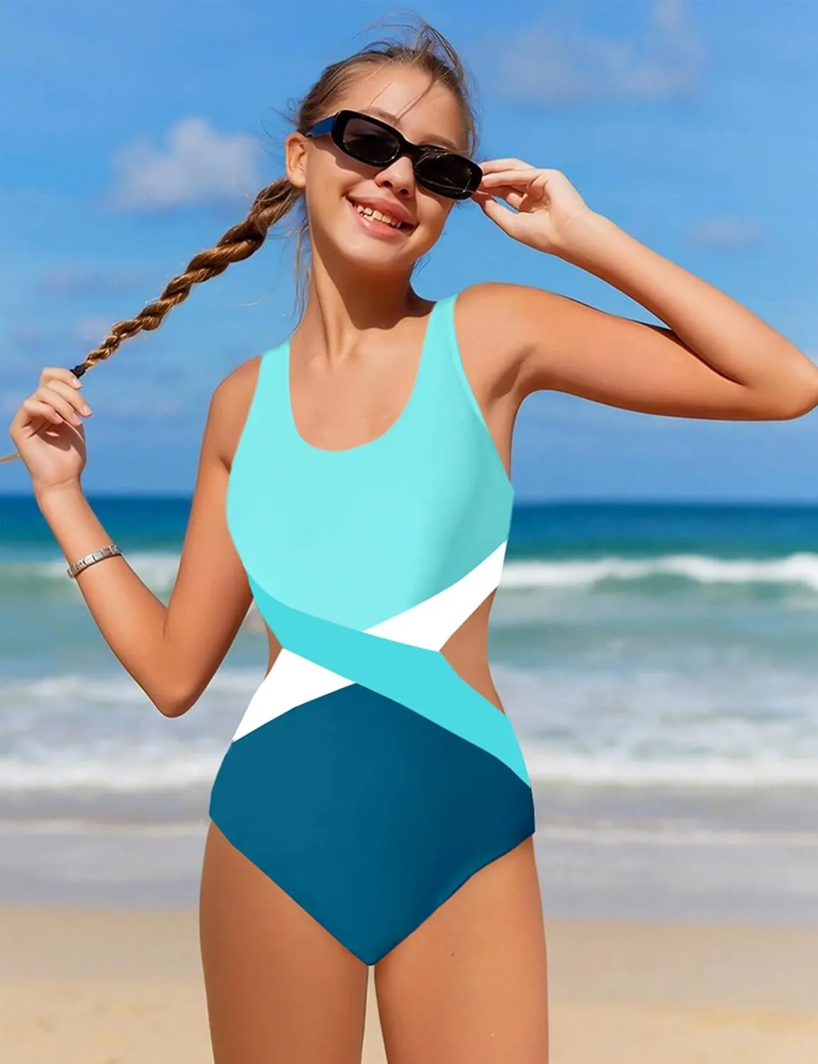 Girls Swimsuit One Piece Cutout Bathing Suit for Girls Cute Swimwear Color Block Beach Padded 7-16y