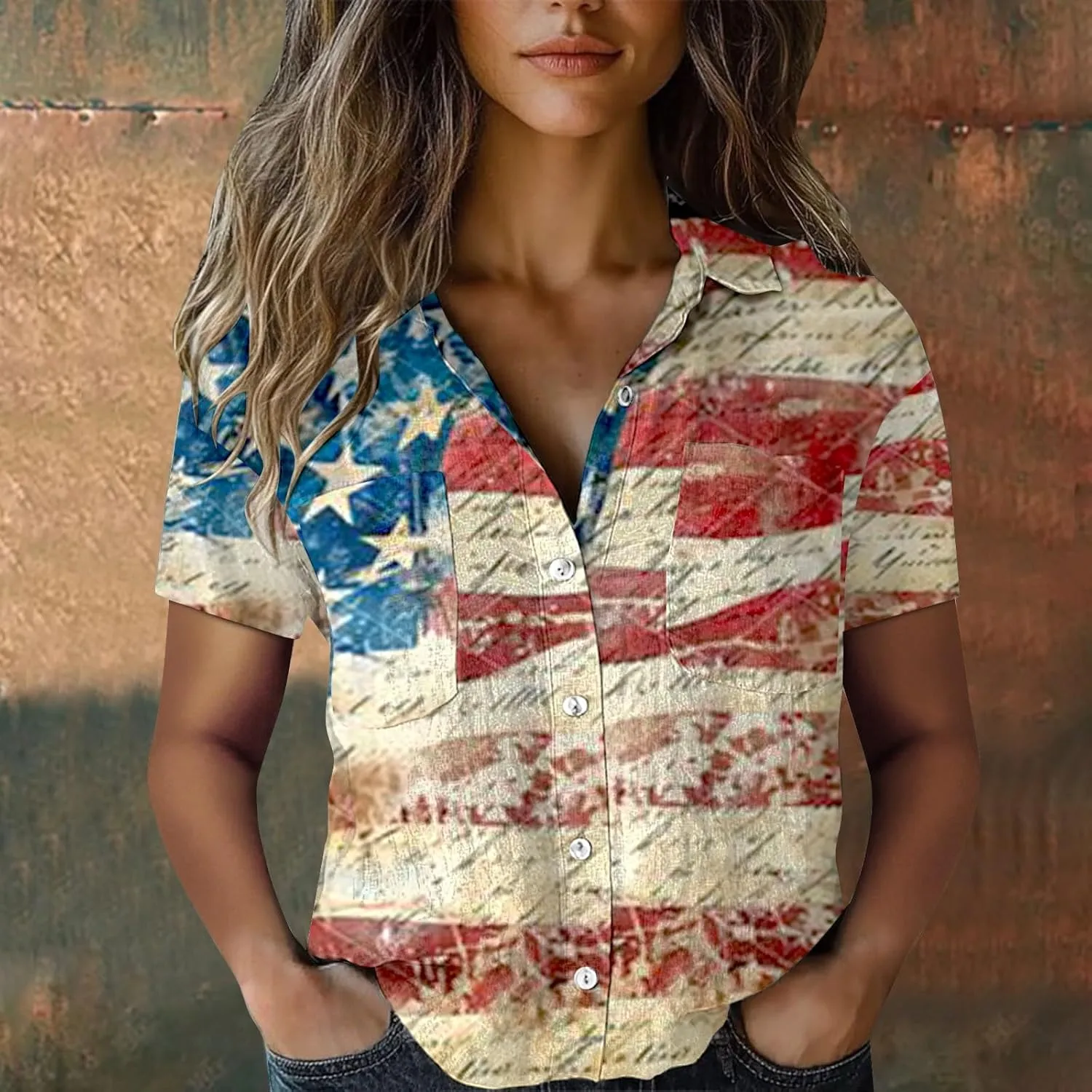 GOKKILRW 4th of July Womens Shirts USA Patriotic Outfits Button Down Short Sleeve Funny Hawaiian T-Shirts Beach Travel Tops