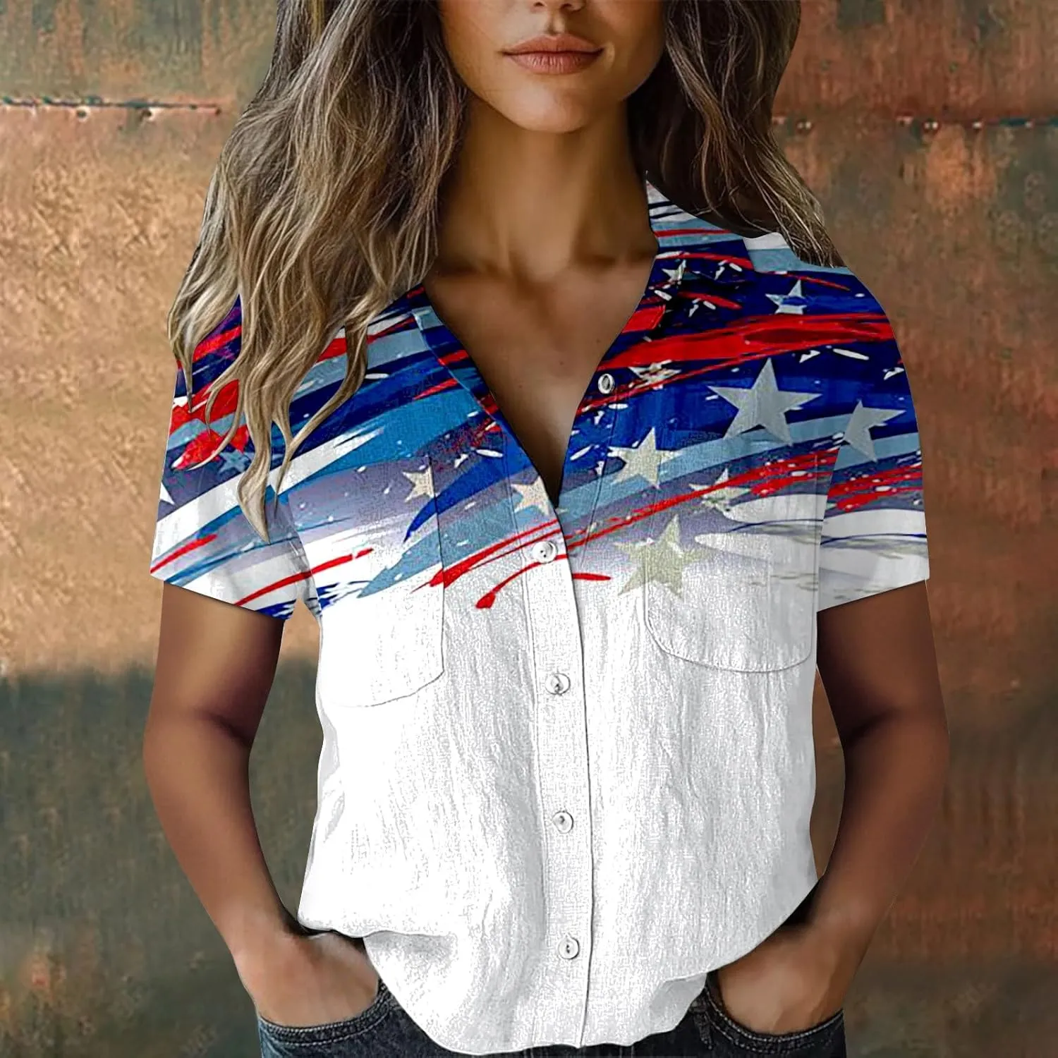 GOKKILRW 4th of July Womens Shirts USA Patriotic Outfits Button Down Short Sleeve Funny Hawaiian T-Shirts Beach Travel Tops