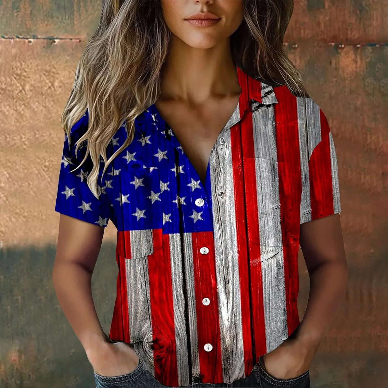 GOKKILRW 4th of July Womens Shirts USA Patriotic Outfits Button Down Short Sleeve Funny Hawaiian T-Shirts Beach Travel Tops