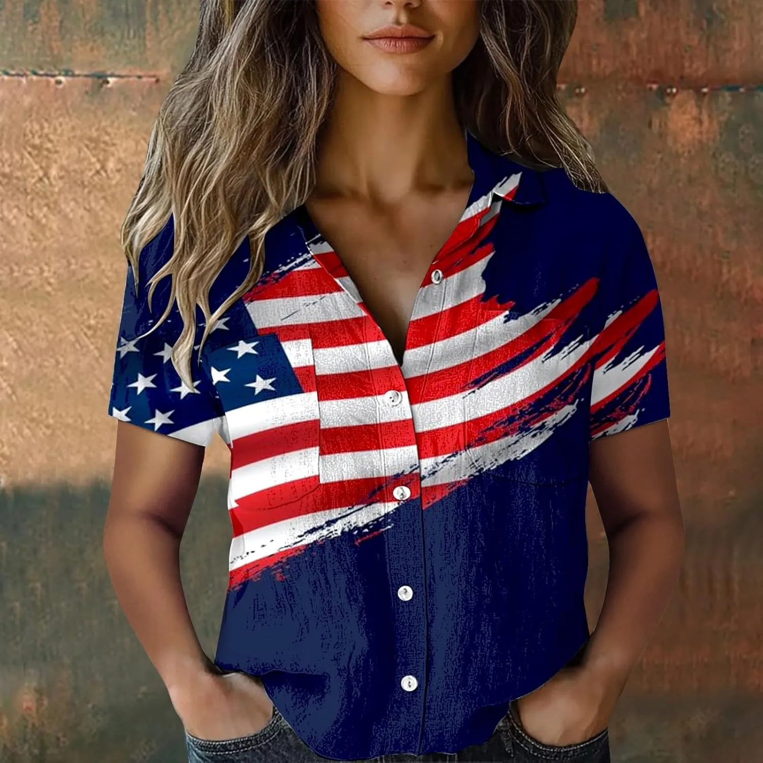GOKKILRW 4th of July Womens Shirts USA Patriotic Outfits Button Down Short Sleeve Funny Hawaiian T-Shirts Beach Travel Tops