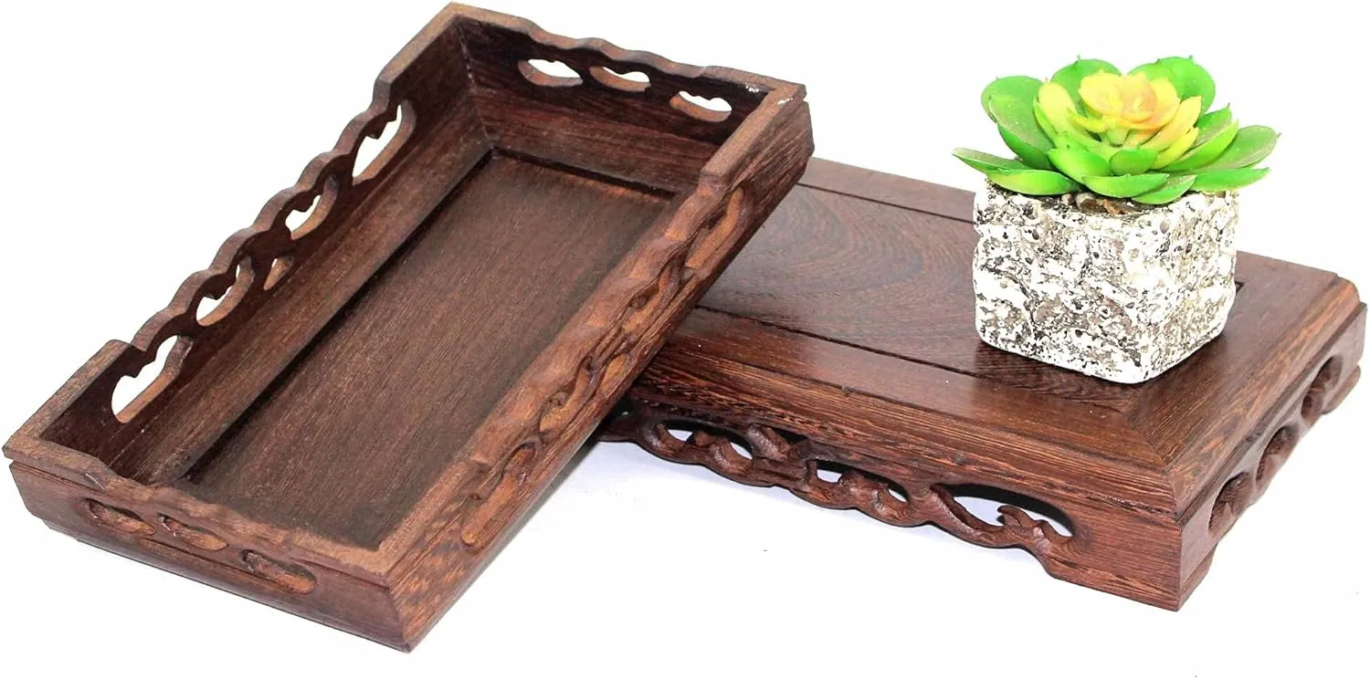 GOLDY&WENDY Oriental Furniture Rectangular Base Solid Wood Carved Fish Tank Vase Teapot Display Stand