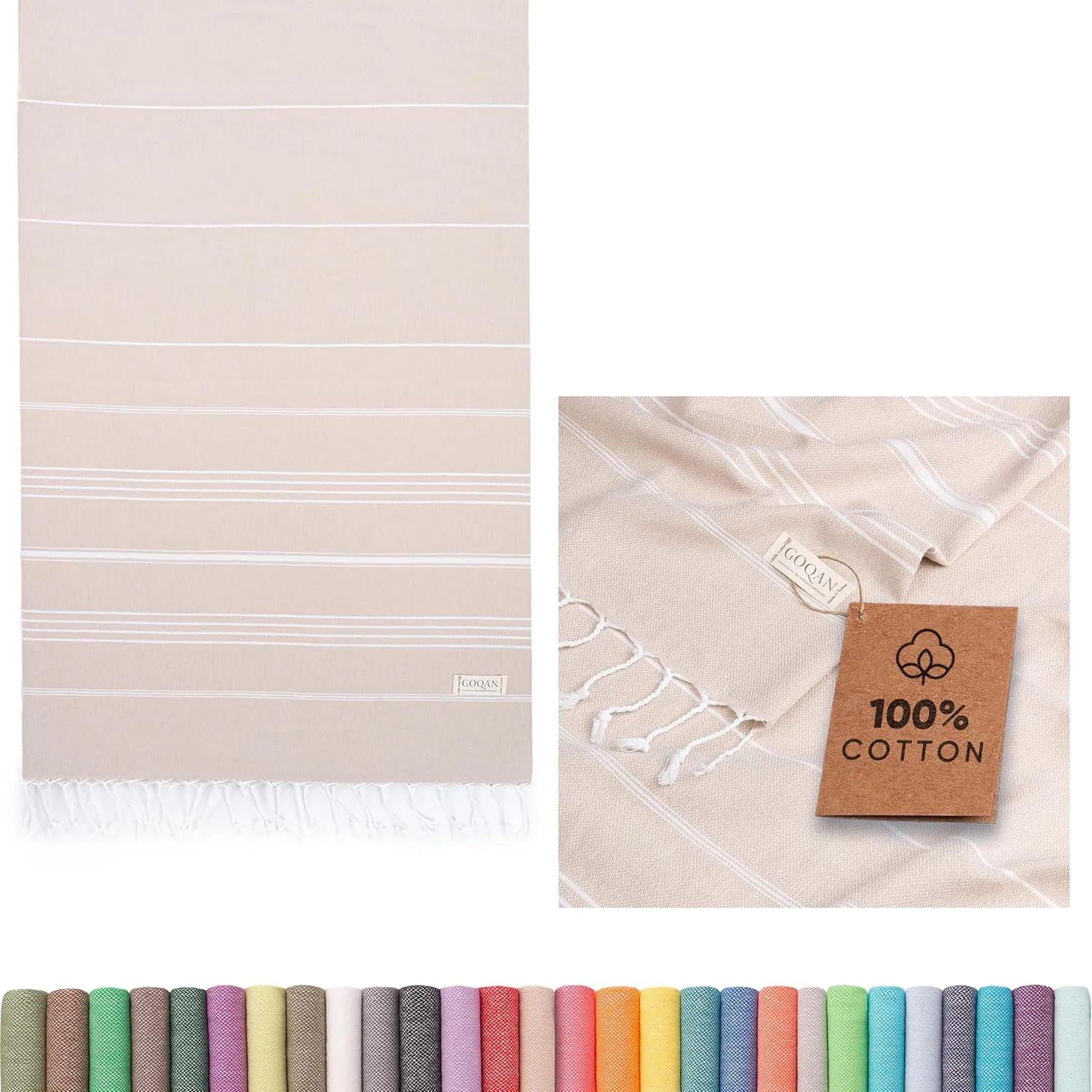 GOQAN Turkish Beach Towel Oversized 39x71 | Thin, Lightweight, 100% Cotton and Sand Free Towel is Suitable for Beach, Bathroom, Pool, Travel & Swim | Odor Free Thanks to Quick Dry Property - Beige