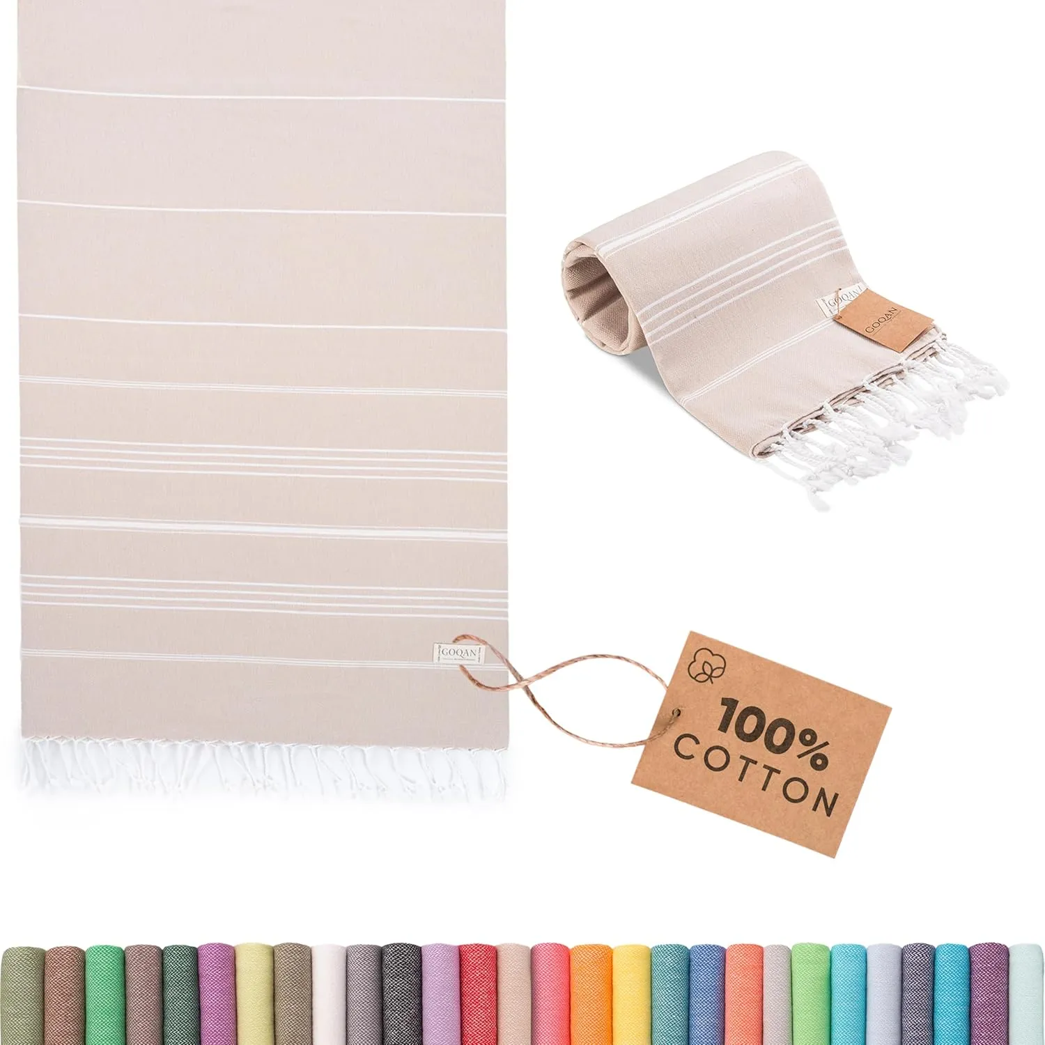 GOQAN Turkish Beach Towel Oversized 39x71 | Thin, Lightweight, 100% Cotton and Sand Free Towel is Suitable for Beach, Bathroom, Pool, Travel & Swim | Odor Free Thanks to Quick Dry Property - Beige