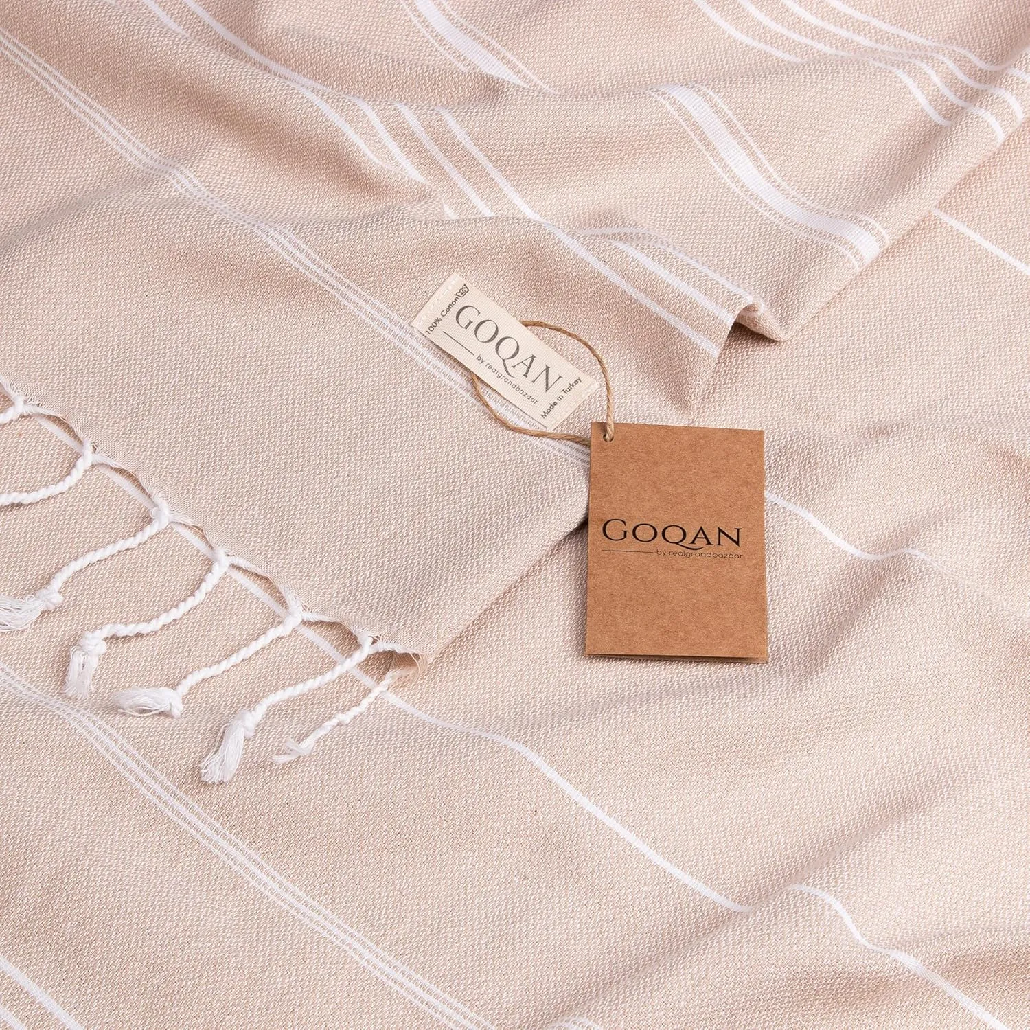 GOQAN Turkish Beach Towel Oversized 39x71 | Thin, Lightweight, 100% Cotton and Sand Free Towel is Suitable for Beach, Bathroom, Pool, Travel & Swim | Odor Free Thanks to Quick Dry Property - Beige