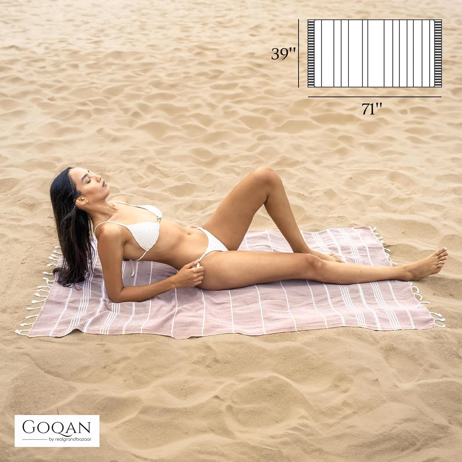 GOQAN Turkish Beach Towel Oversized 39x71 | Thin, Lightweight, 100% Cotton and Sand Free Towel is Suitable for Beach, Bathroom, Pool, Travel & Swim | Odor Free Thanks to Quick Dry Property - Beige