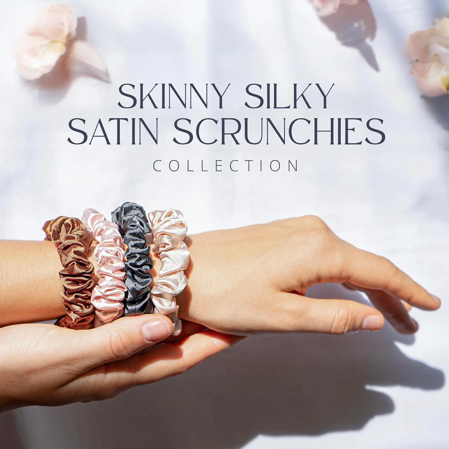 Grace & Company Silky Satin Scrunchies for Women - Premium Satin Silk Scrunchies, No-Crease Hair Ties for Curly, Thick or Fine Hair - 4pk Skinny, Oeko-Tex Certified - Cardamom