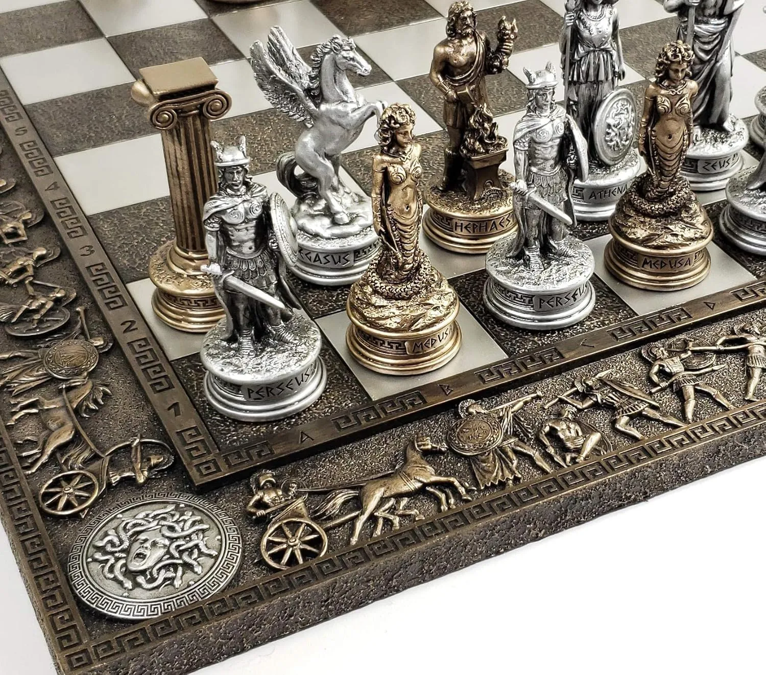 Greek Mythology Olympus Gods Zeus vs Poseidon Pewter and Bronze Color Chess Set with 17" Greek Board
