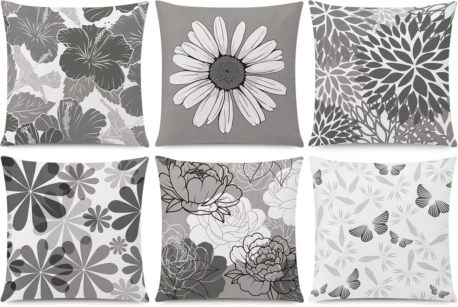 Grey Pillow Covers 18x18 Set of 6 Decorative Daisy Flower Throw Pillow Cover for Couch Modern Cushion Cover for Patio Living Room Cushion Bed Farmhouse Home Decor