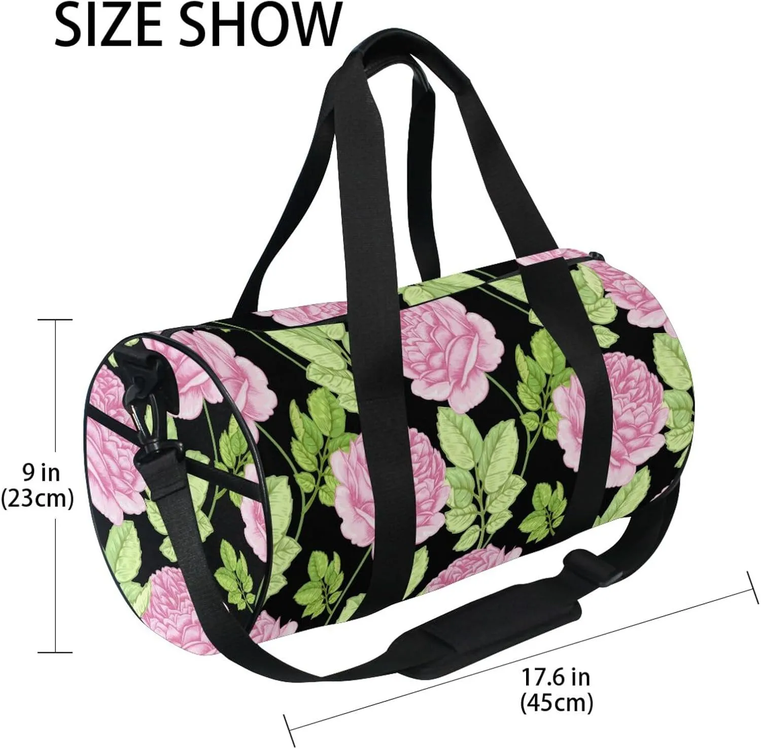 Gym Bag,Sports Duffle Bag,Cute Gym Bags with Inner Pocket,Weekender Travel Bag For Sport Workout Women Men,17.6x9 IN Black Flowers