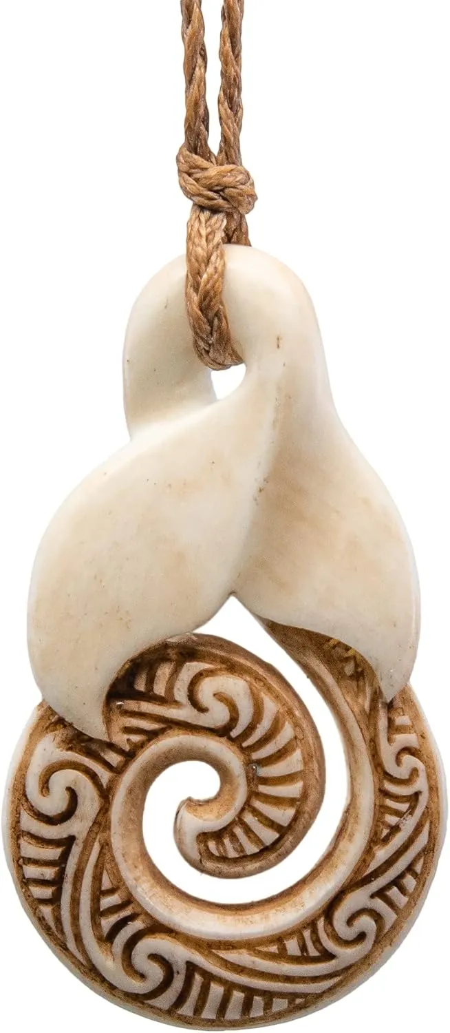 Hand Carved Aged Bone Whale Tail Necklace with Infinity Loop and Spiral